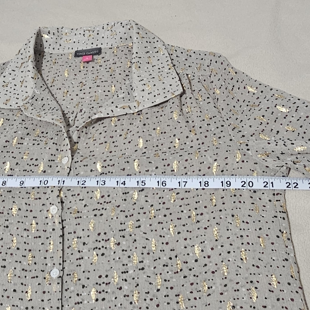 Vince Camuto Beige Button Blouse with Gold Metallic Dots Print Long Sleeve - Picture 8 of 10